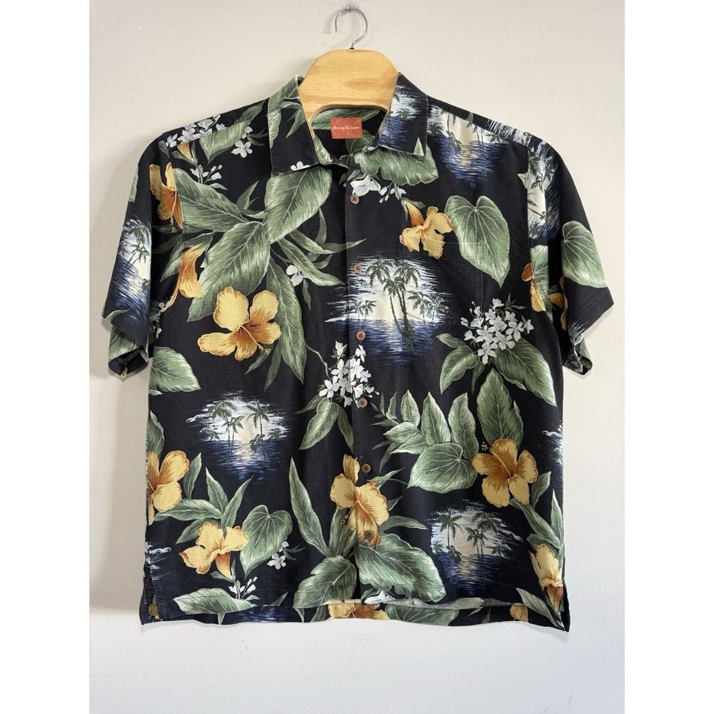 Tommy Bahama Shirt Mens Large/XL Black Floral Vintage 100% Silk Hawaiian Beach